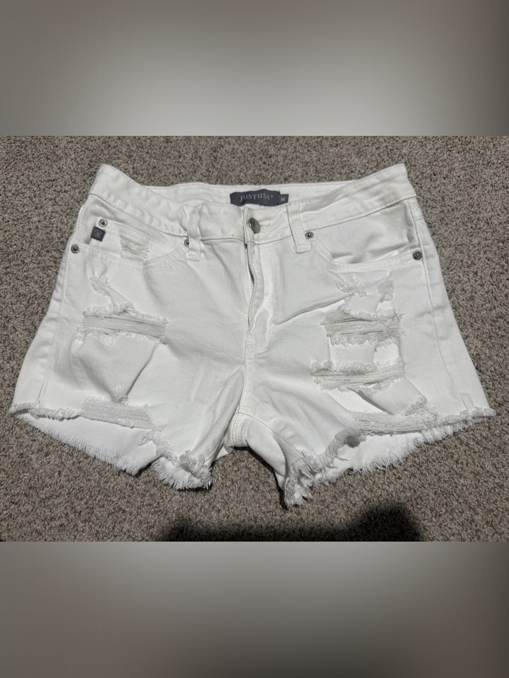 JustFab White Distressed Frayed Denim Shorts